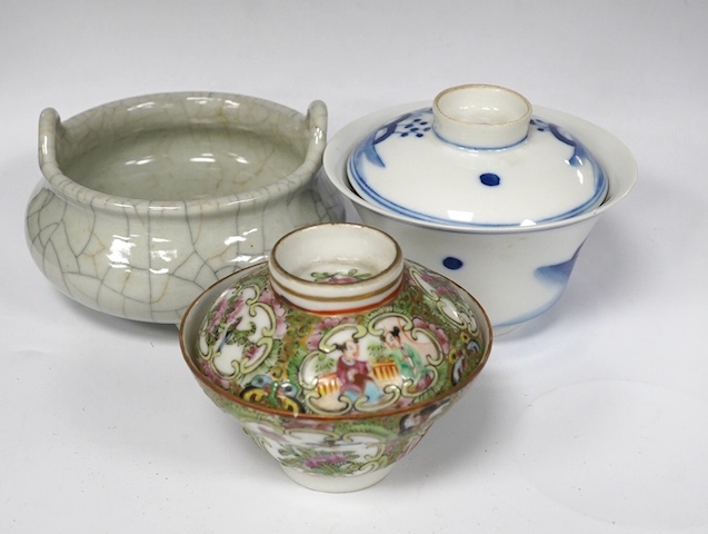 A Chinese crackle-glaze censer and two tea bowls and covers, censer 10cm wide. Condition - good